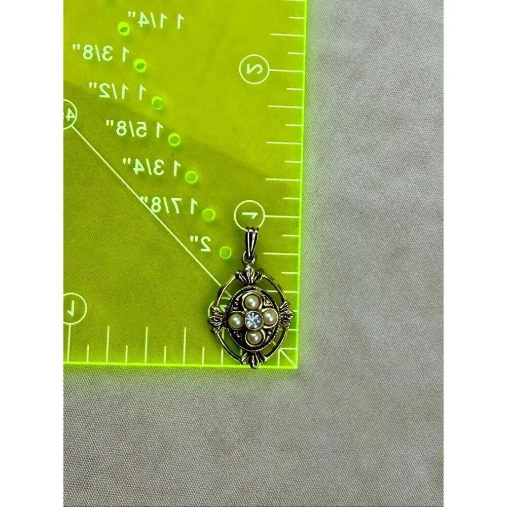 Vintage Faux Seed Pearls Rhinestone Gold Tone Pendant Victorian Style